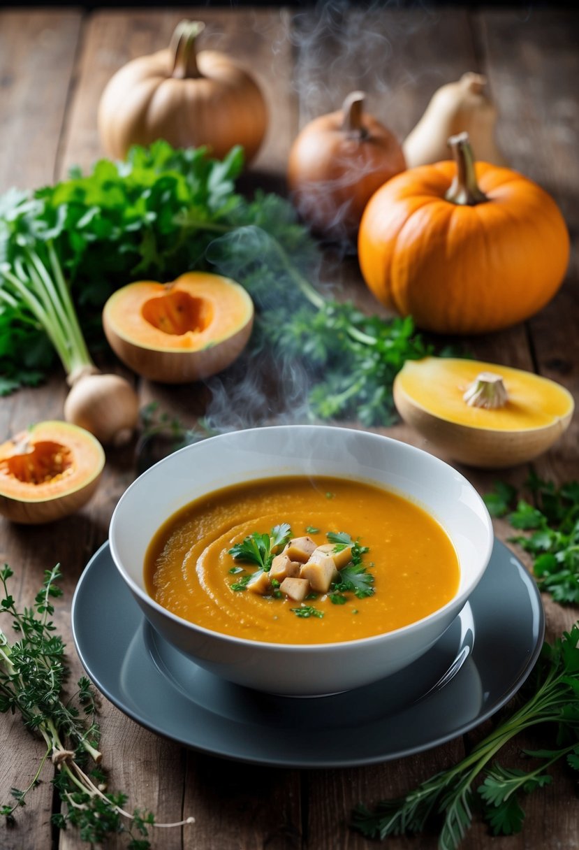 A steaming bowl of butternut squash soup surrounded by fresh vegetables and herbs on a rustic wooden table