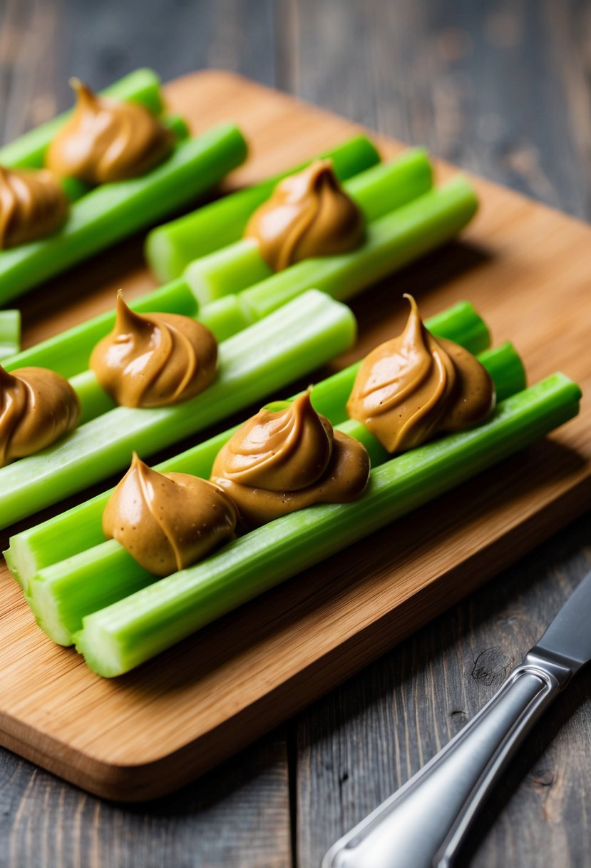 A plate of celery sticks with dollops of peanut butter, arranged neatly on a wooden cutting board