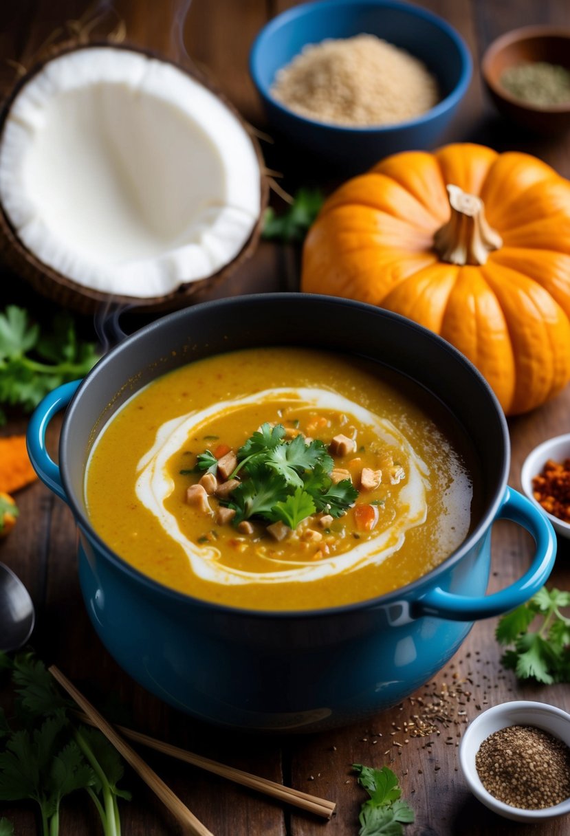 A steaming pot of Thai Coconut Pumpkin Soup surrounded by fresh ingredients and spices