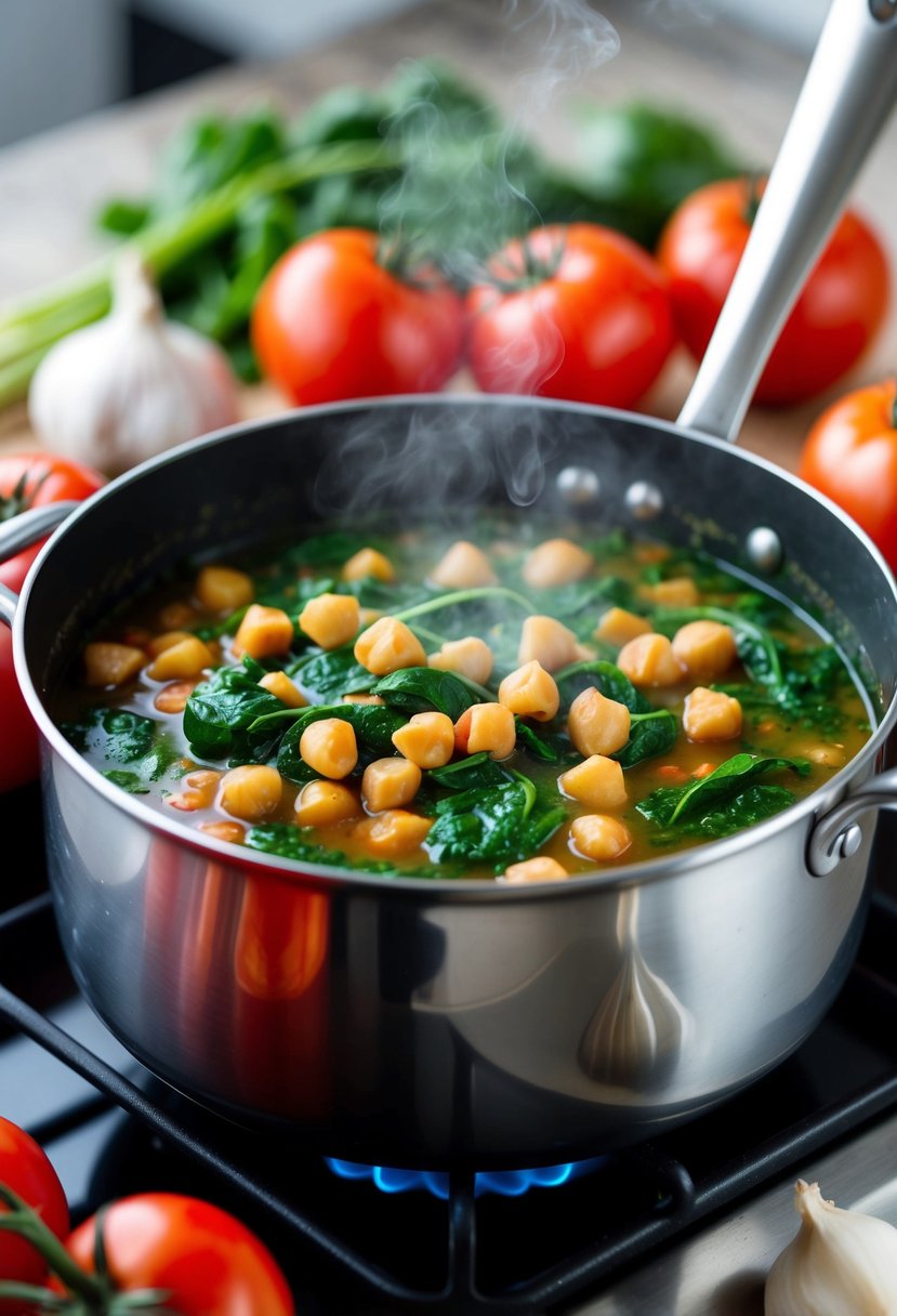 A steaming pot of chickpea and spinach stew simmering on a stove, surrounded by fresh ingredients like tomatoes, onions, and garlic