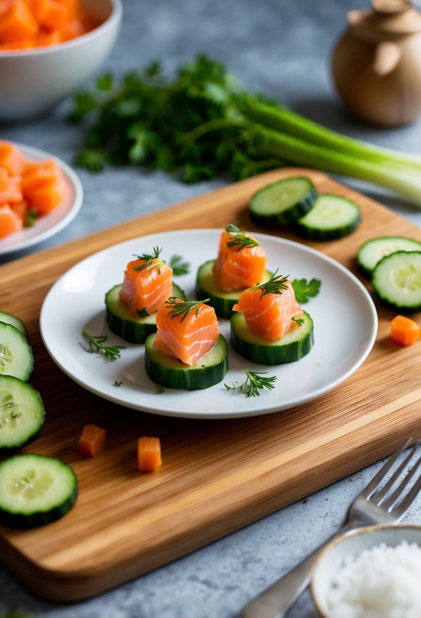 A plate of salmon cucumber bites surrounded by fresh ingredients on a wooden cutting board