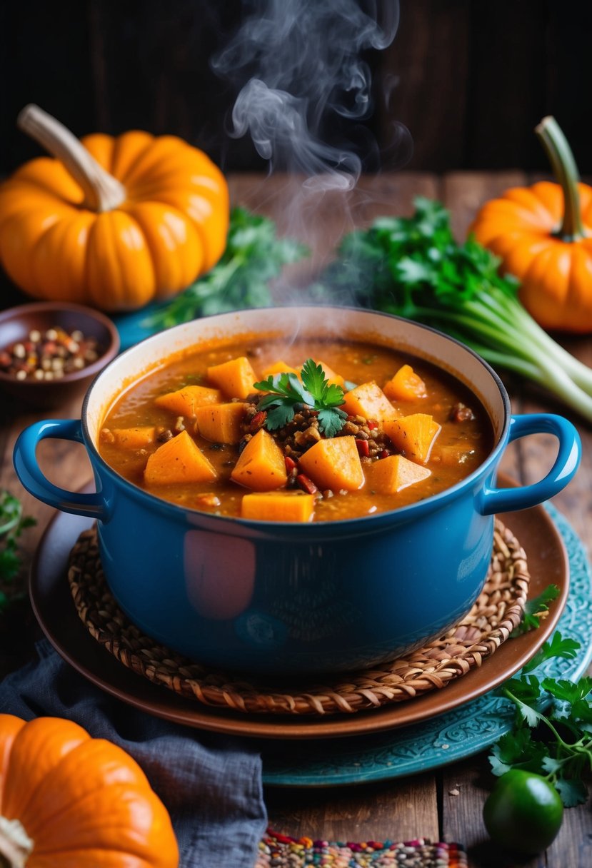 A steaming pot of Moroccan spiced pumpkin stew simmers on a rustic wooden table, surrounded by vibrant vegetables and fragrant spices