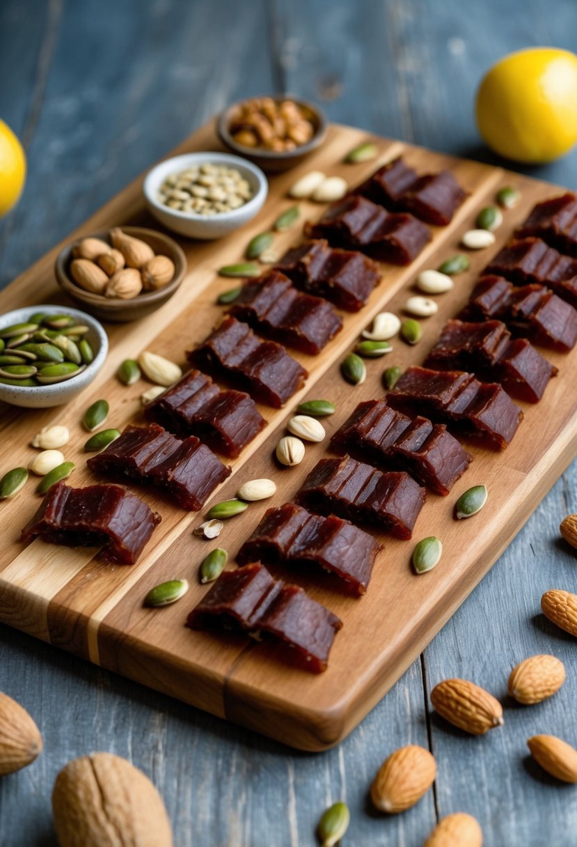 A rustic wooden cutting board with assorted beef jerky bits, nuts, and seeds arranged in a low carb, high protein snack display