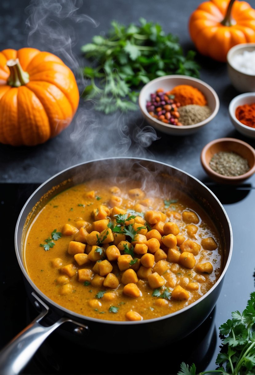 A steaming pot of creamy pumpkin and chickpea curry bubbling on a stove, surrounded by colorful spices and fresh herbs