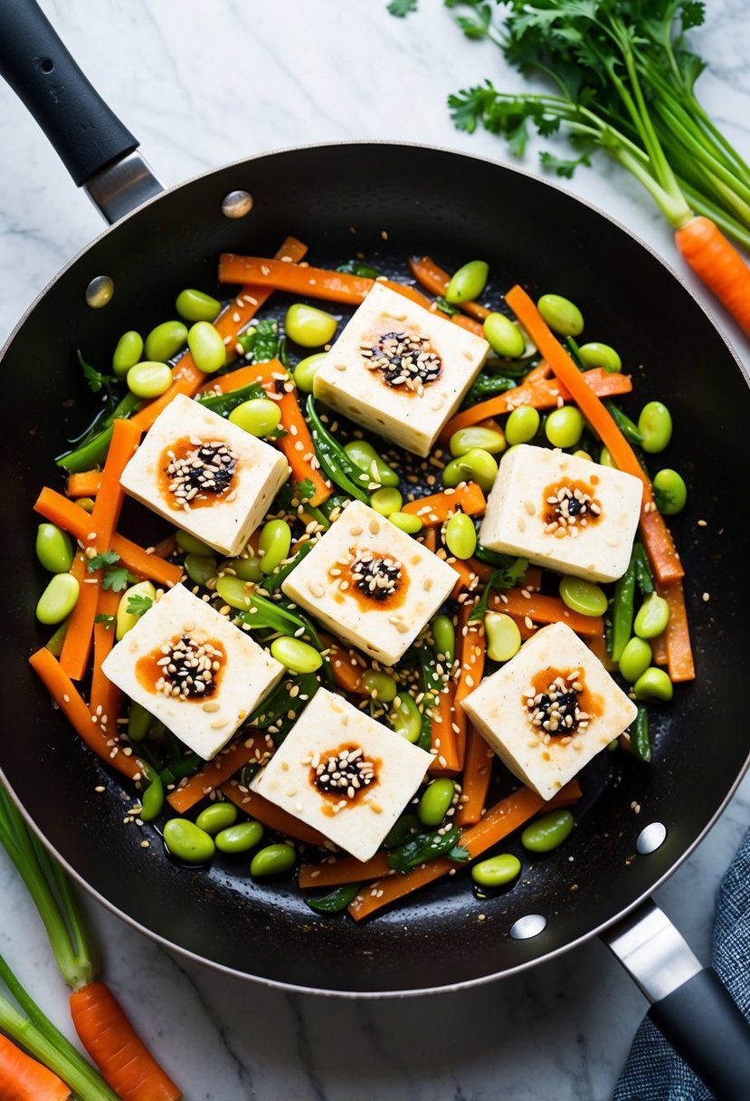 A sizzling pan of tofu and edamame stir-fry surrounded by colorful low-carb vegetables and garnished with sesame seeds