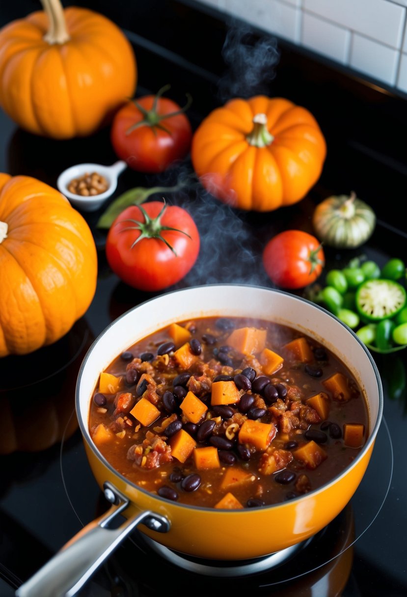 A steaming pot of hearty pumpkin and black bean chili simmering on a stovetop, surrounded by fresh ingredients like pumpkin, black beans, tomatoes, and spices