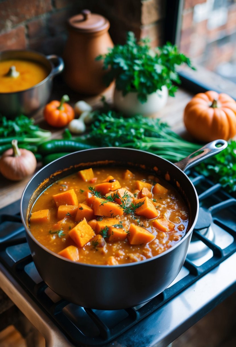 A bubbling pot of pumpkin and sweet potato stew simmering on a rustic stove. Surrounding it are fresh vegetables and herbs waiting to be added