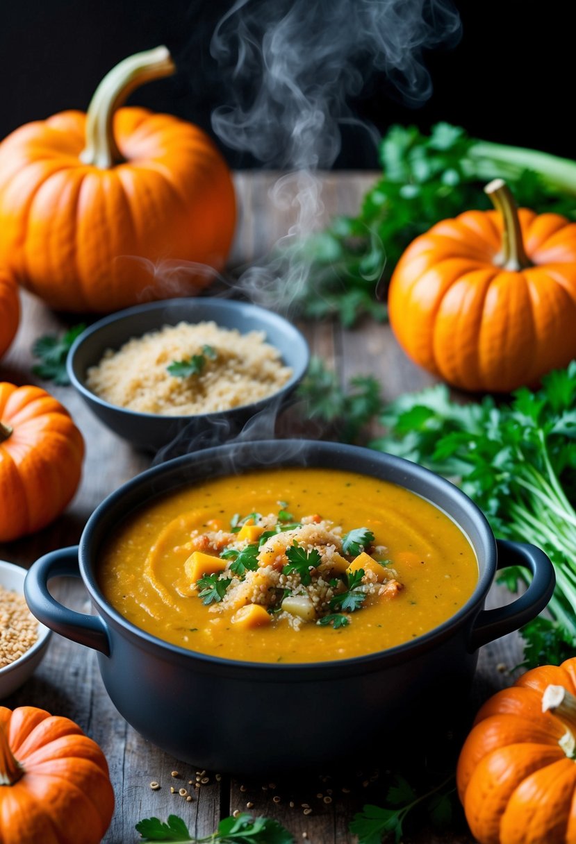 A steaming pot of pumpkin and quinoa soup surrounded by fresh vegetables and herbs