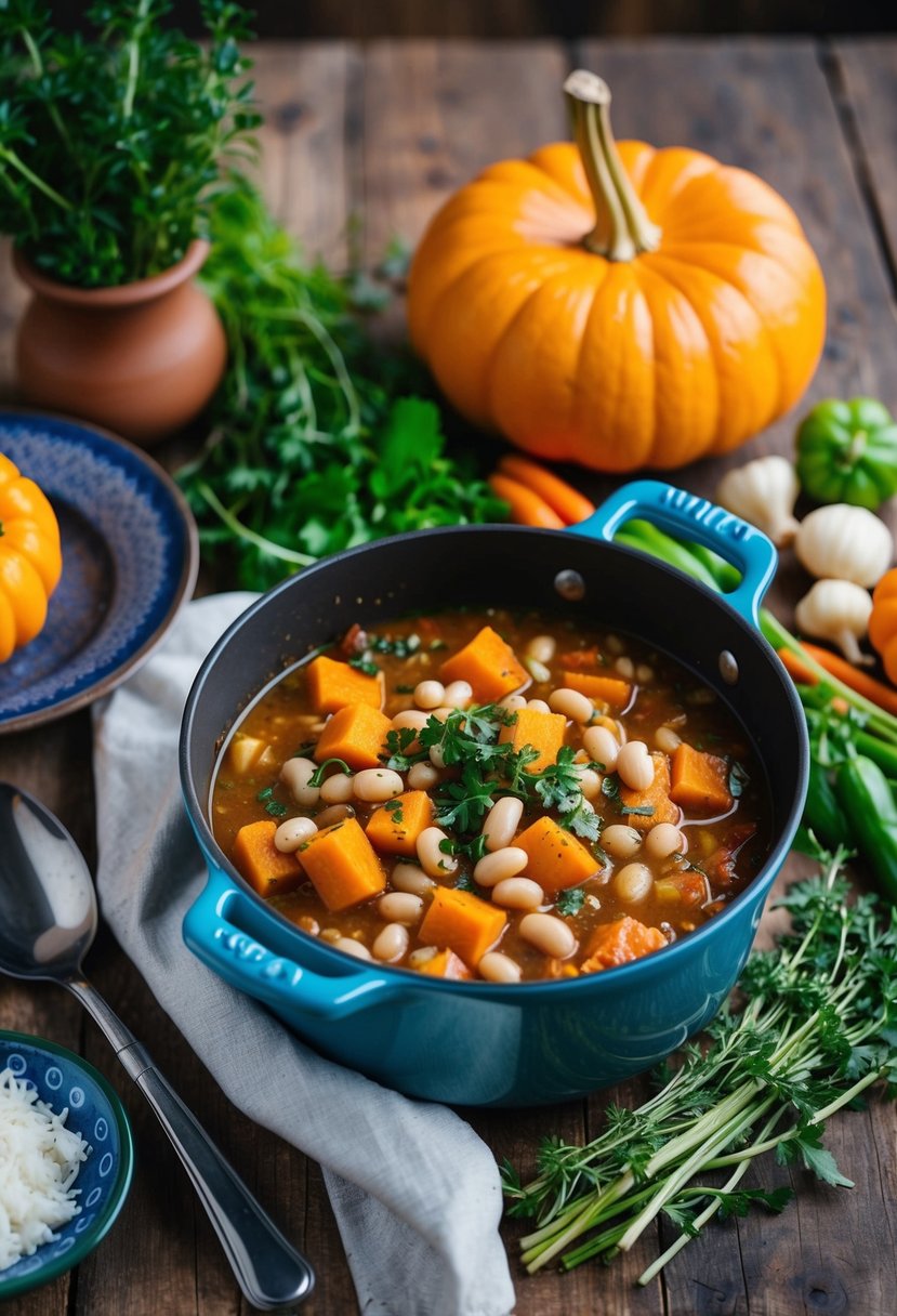 A rustic kitchen scene with a bubbling pot of Mediterranean pumpkin and white bean stew, surrounded by fresh herbs and colorful vegetables