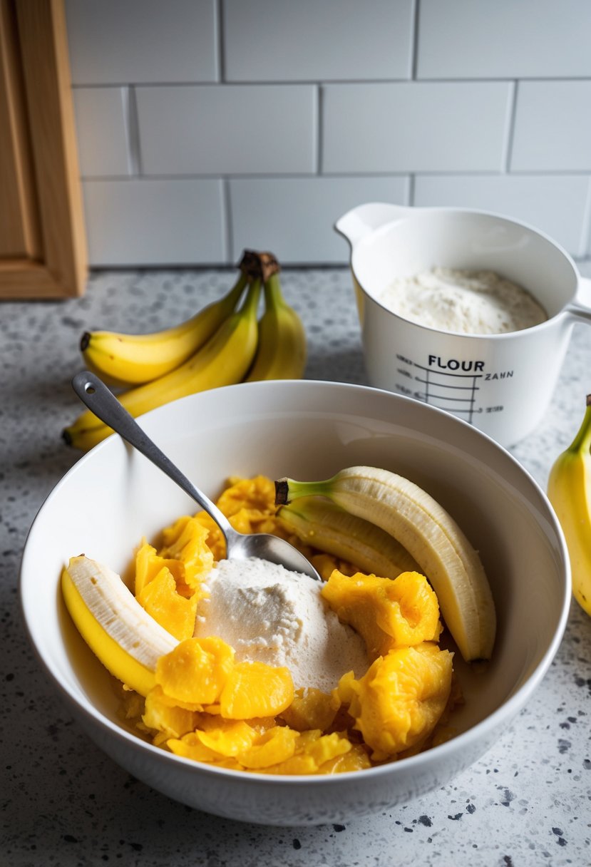 A bowl with mashed overripe bananas, a spoon, and a measuring cup of flour on a kitchen counter