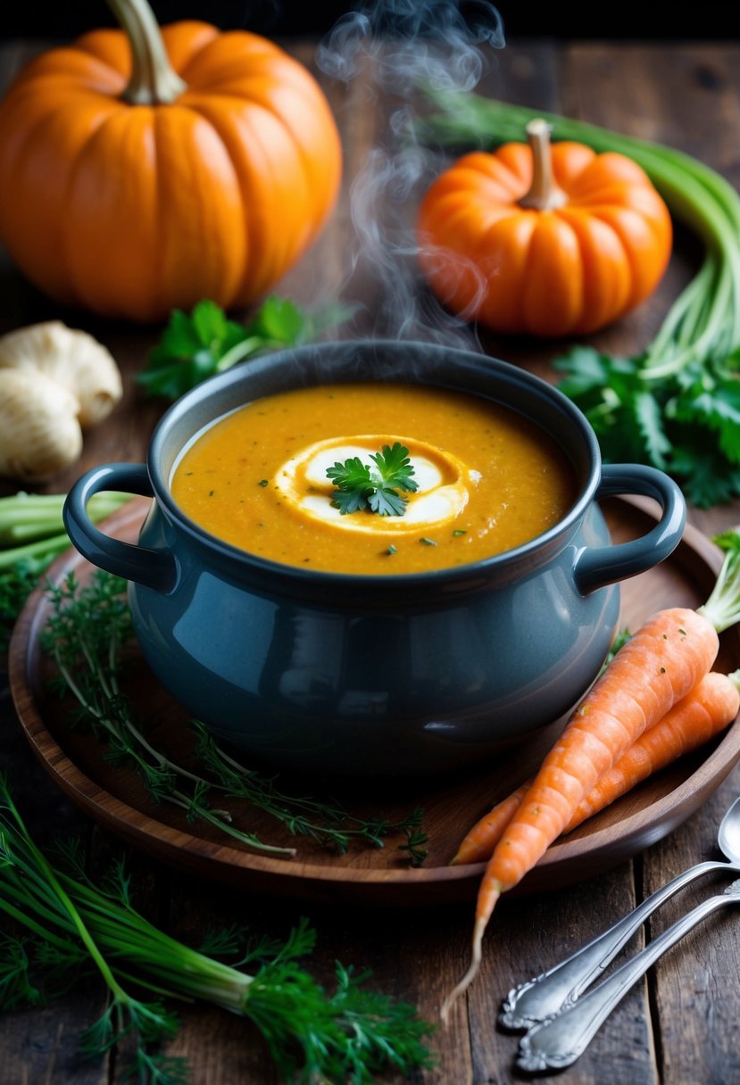 A steaming pot of ginger pumpkin carrot soup sits on a rustic wooden table, surrounded by fresh vegetables and herbs