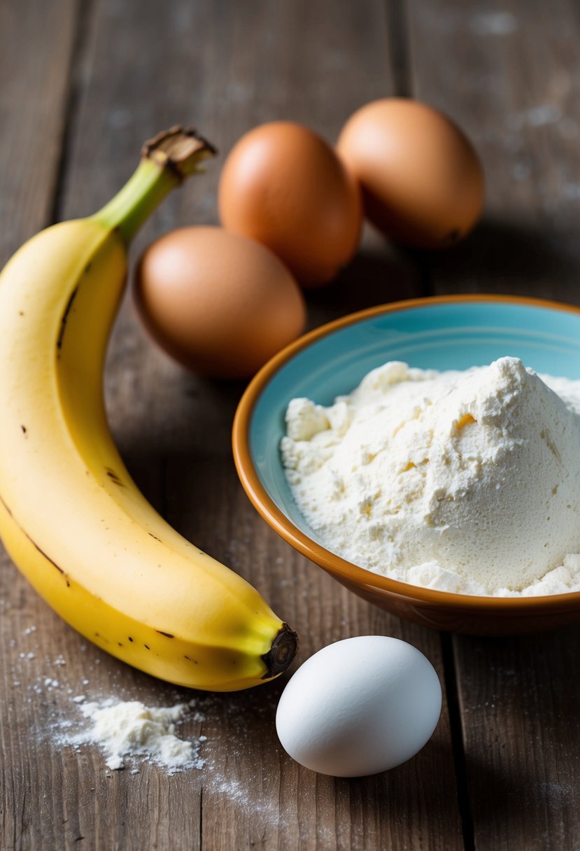 A ripe banana, flour, and eggs on a wooden table