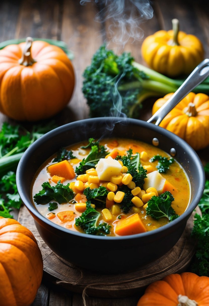 A steaming pot of pumpkin, kale, and corn chowder sits on a rustic wooden table, surrounded by fresh vegetables and herbs