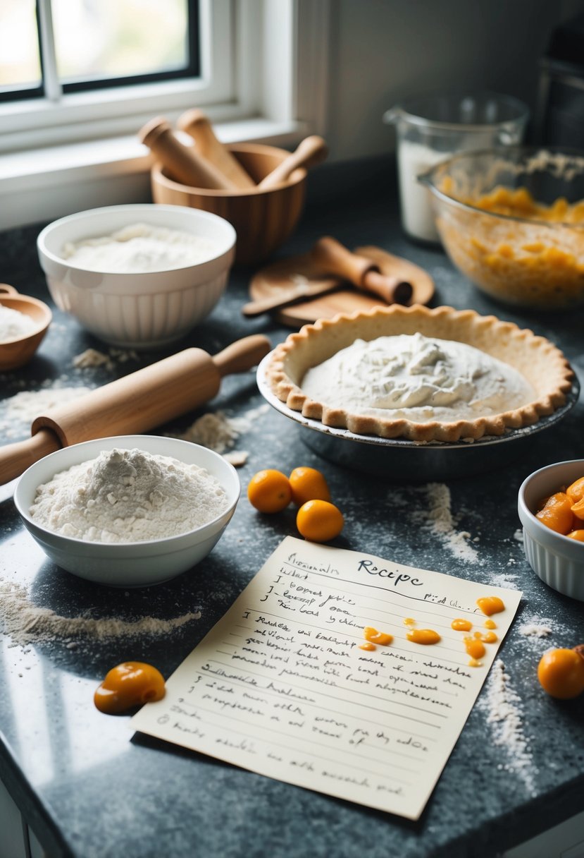 A cluttered kitchen counter with flour, rolling pin, and various pie ingredients scattered around. A handwritten recipe card lays open, stained with splatters of fruit filling