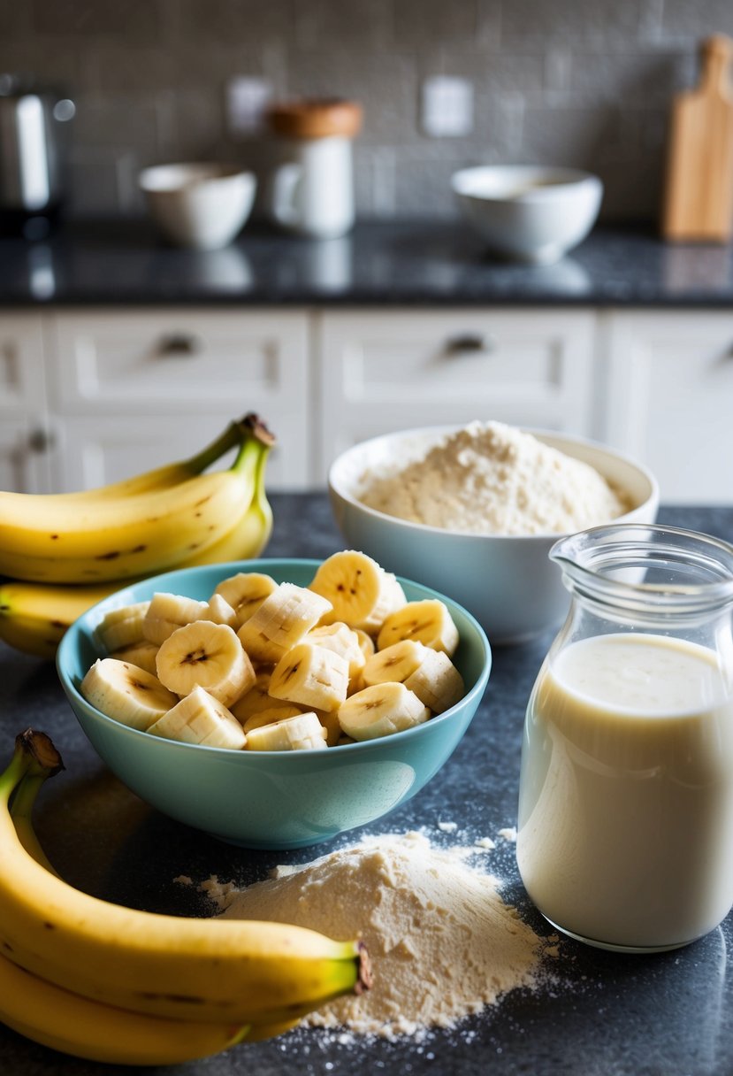 A bowl of mashed overripe bananas, a pile of flour, and a jug of milk sit on a kitchen counter, ready to be mixed into pancake batter