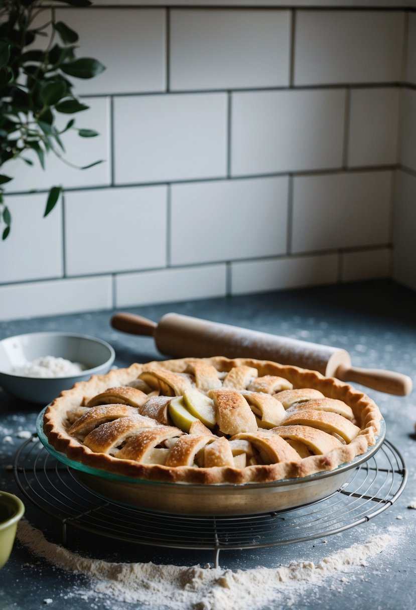 A rustic kitchen counter with a freshly baked apple pie cooling on a wire rack, surrounded by scattered flour and a rolling pin