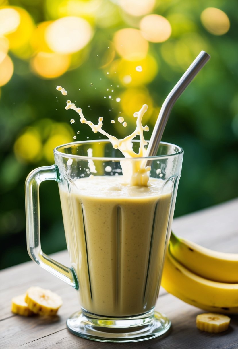 A ripe banana, a blender, and a splash of milk combine to create a creamy, golden banana smoothie