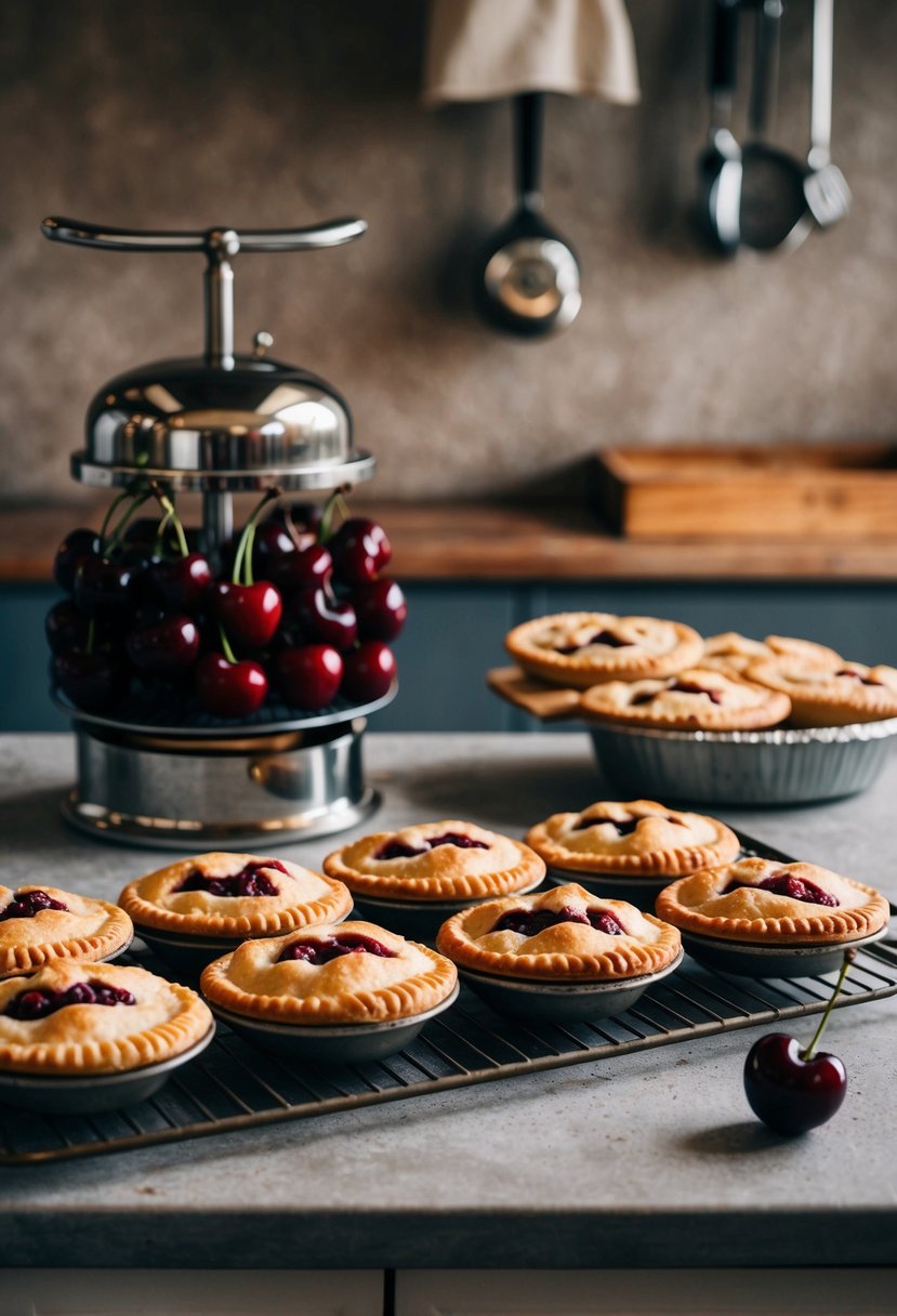 A rustic kitchen counter with a tray of freshly baked cherry hand pies cooling next to a vintage cherry pie maker