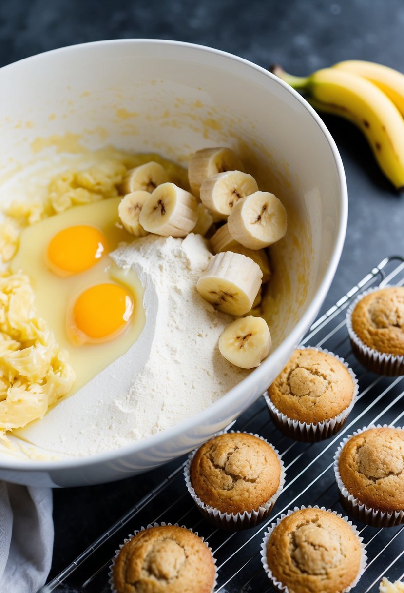 A mixing bowl filled with mashed bananas, flour, and eggs. A tray of freshly baked banana muffins cooling on a wire rack