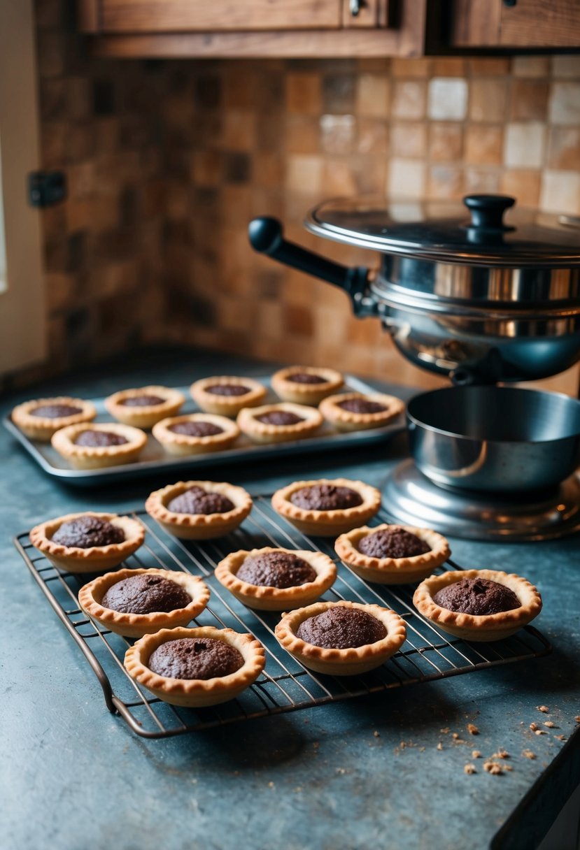 A rustic kitchen counter with a tray of freshly baked chocolate hazelnut pocket pies cooling next to a vintage pie maker