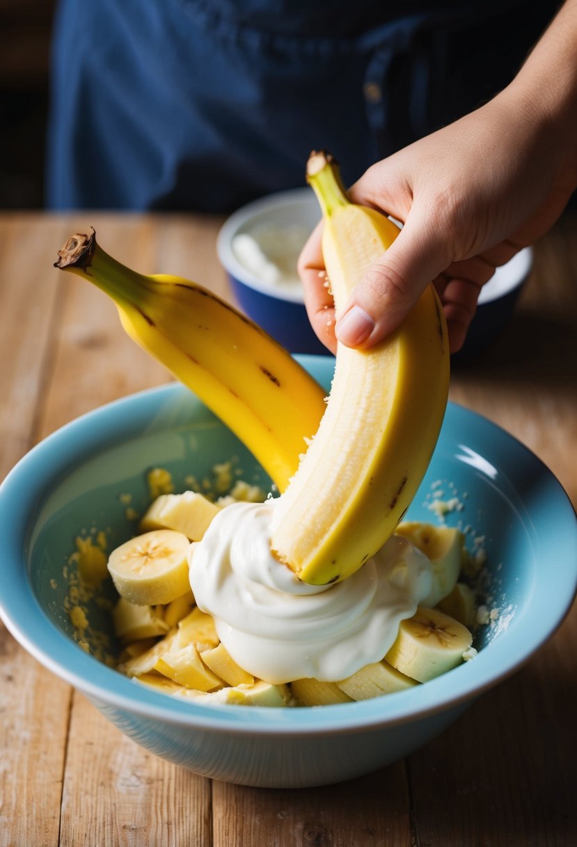 A ripe banana being mashed and mixed with cream and sugar in a bowl