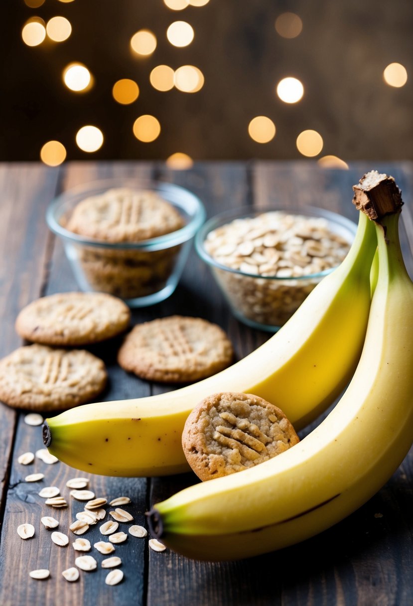 Ripe banana, oats, and cookies arranged on a wooden table