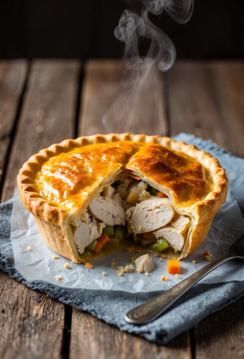 A golden-brown chicken pot pie sits on a rustic wooden table, steam rising from the flaky crust. A slice has been removed, revealing a rich, savory filling of chicken, vegetables, and creamy sauce