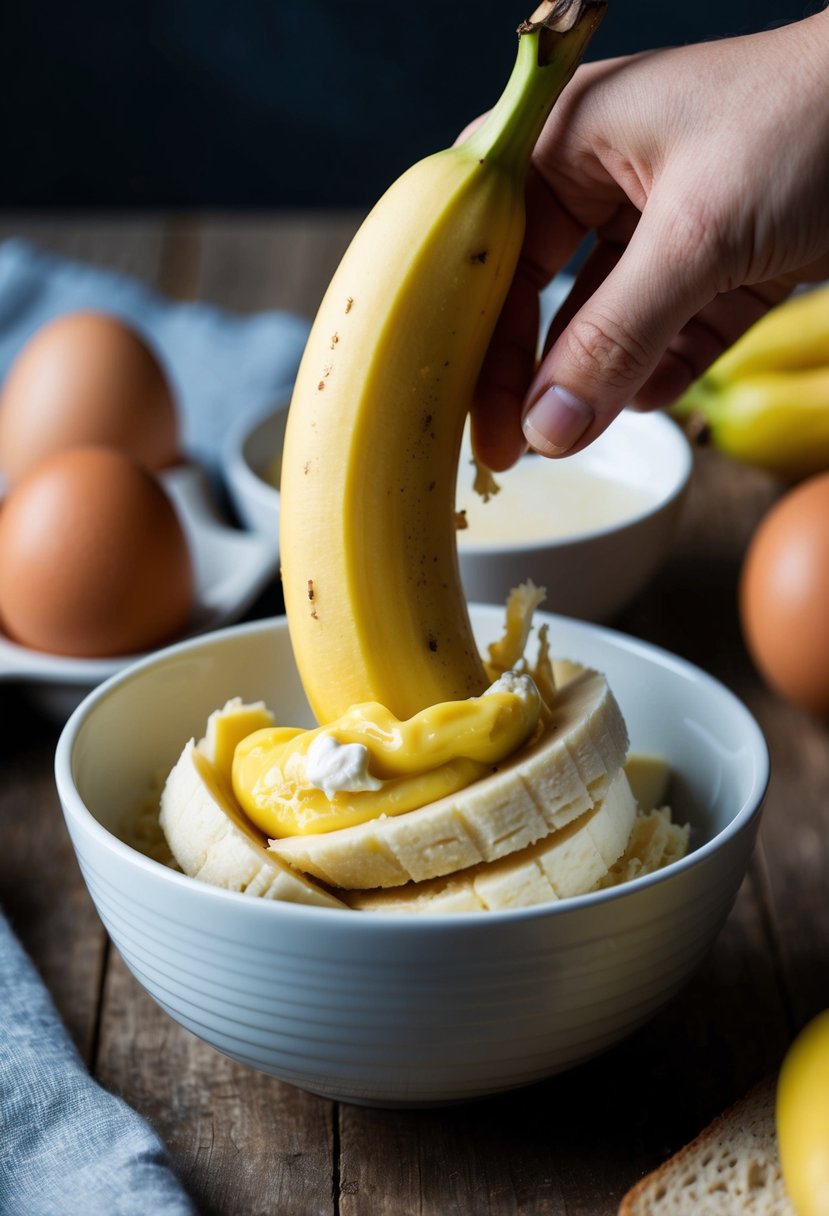 A ripe banana being mashed into a bowl, with eggs and bread nearby