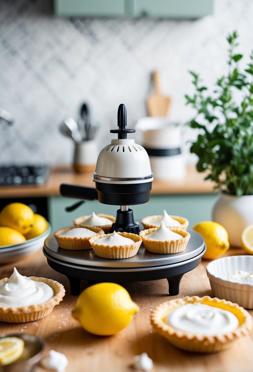 A kitchen counter with a mini pie maker surrounded by ingredients for lemon meringue pies