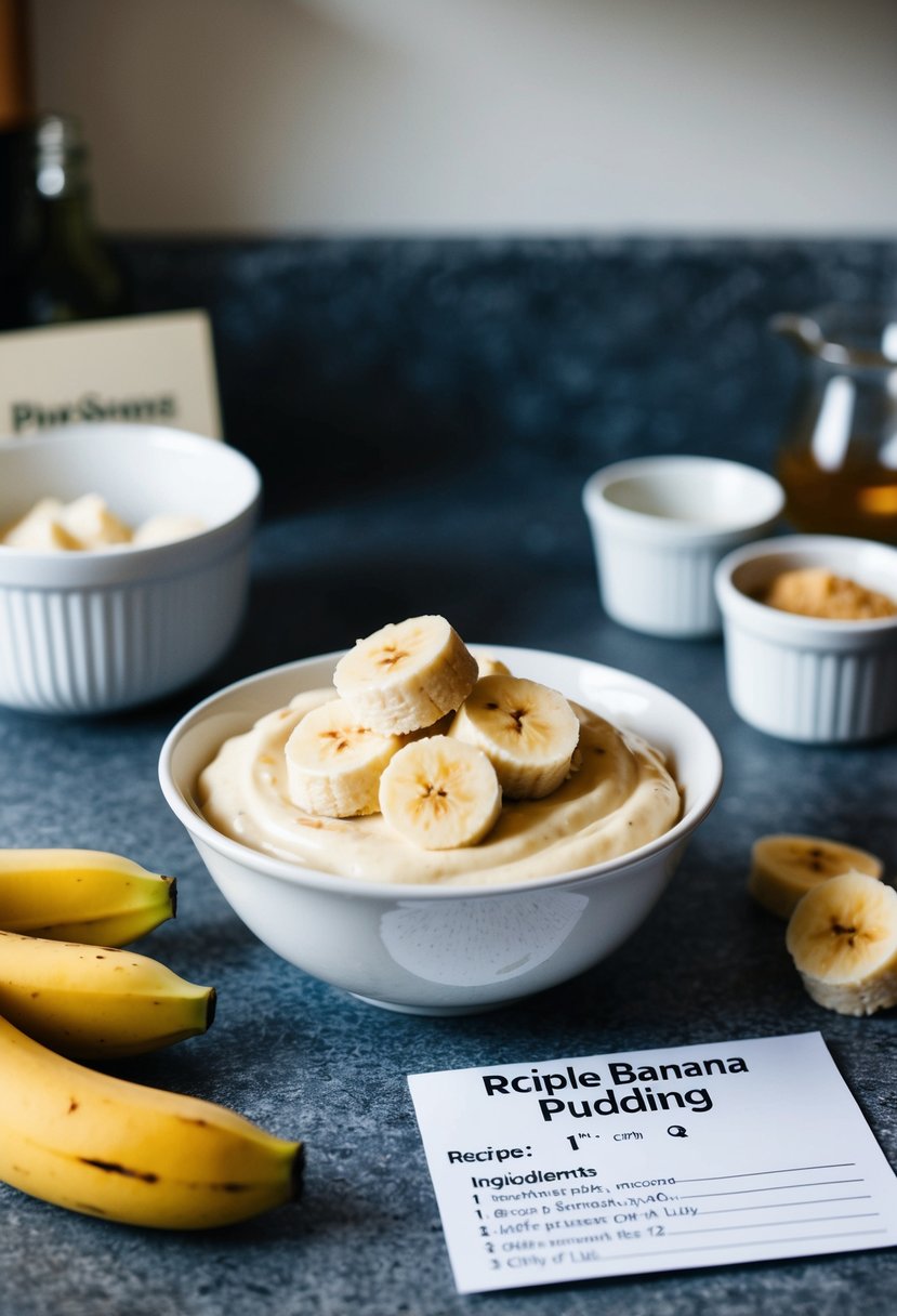 A bowl of creamy banana pudding topped with slices of overripe bananas, with a simple recipe card and three ingredients laid out on the counter