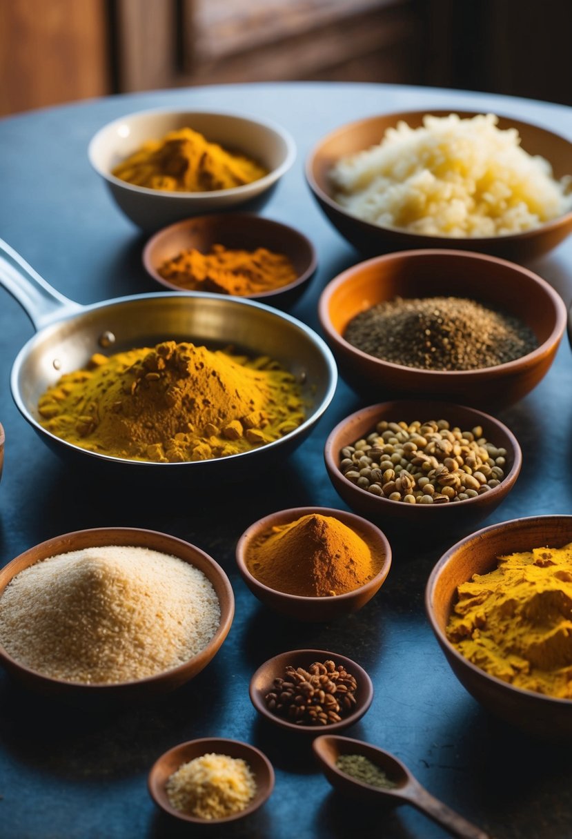 A table with various ingredients and spices, including cardamom, cumin, and turmeric, alongside traditional Djiboutian dishes like skoudehkaris and sabayah