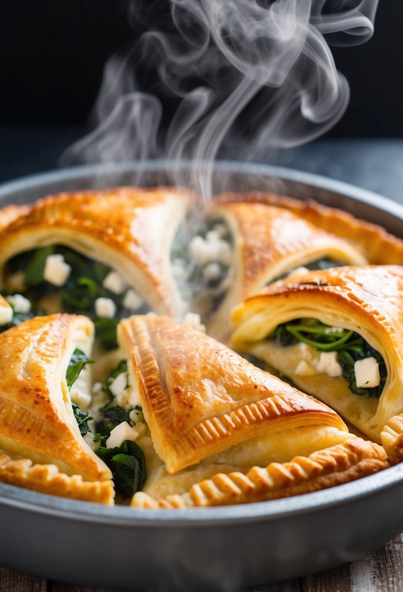 Golden brown turnovers baking in a pie maker, filled with spinach and feta, steam rising from the flaky crust