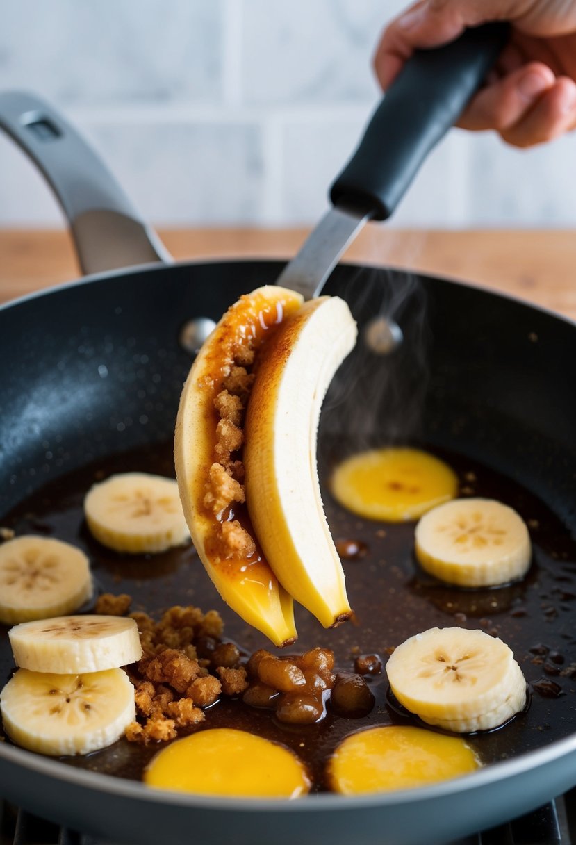 A ripe banana being sliced and sautéed in a pan with butter, brown sugar, and cinnamon, creating a caramelized sauce