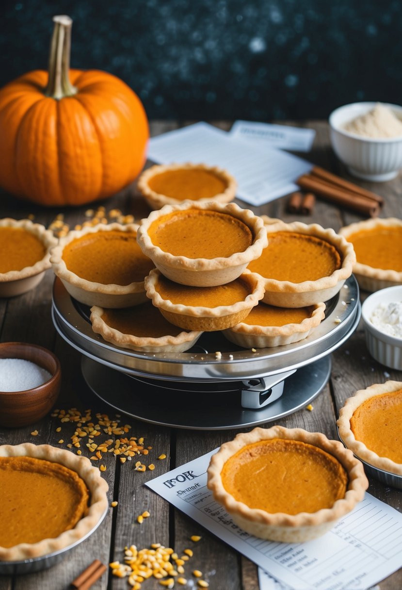 A pie maker filled with pumpkin spice breakfast pies, surrounded by scattered recipe cards and ingredients