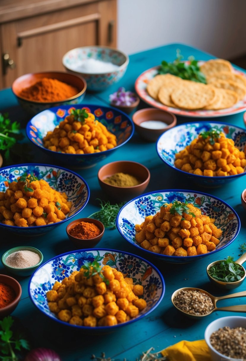 A table set with colorful bowls and plates of Skoudehkaris, surrounded by spices and ingredients