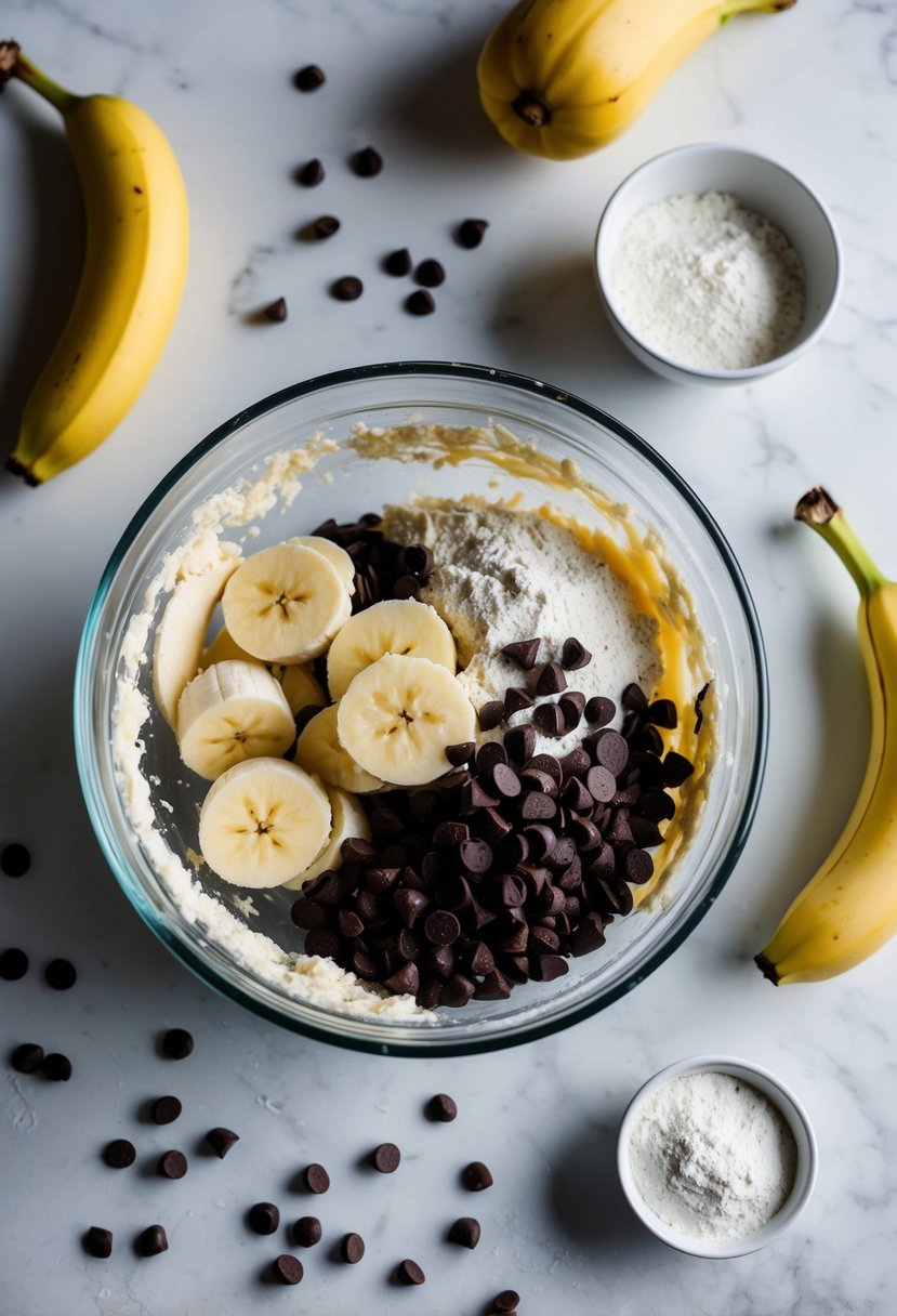 A mixing bowl filled with mashed bananas, chocolate chips, and flour. Ingredients scattered around on a kitchen counter