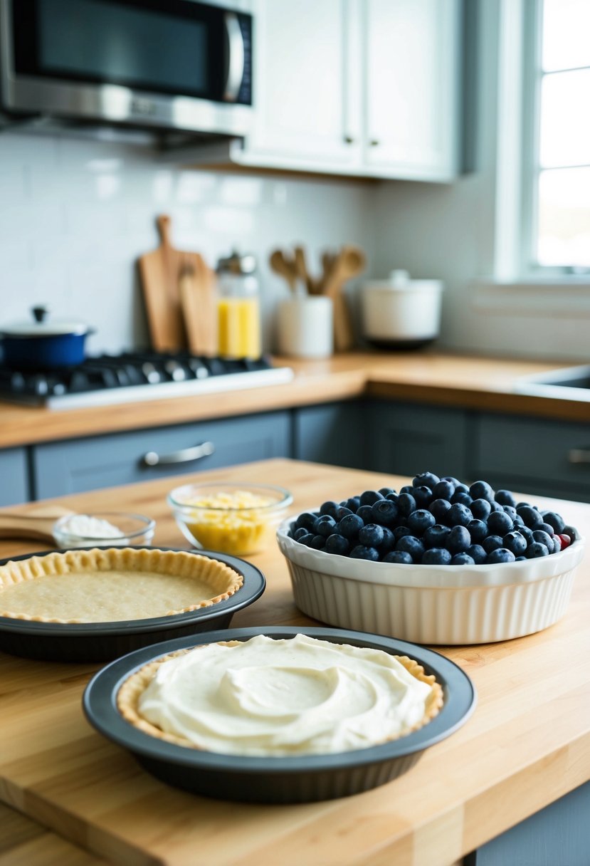 A kitchen counter with ingredients for blueberry cream cheese pies and a pie maker ready to be used