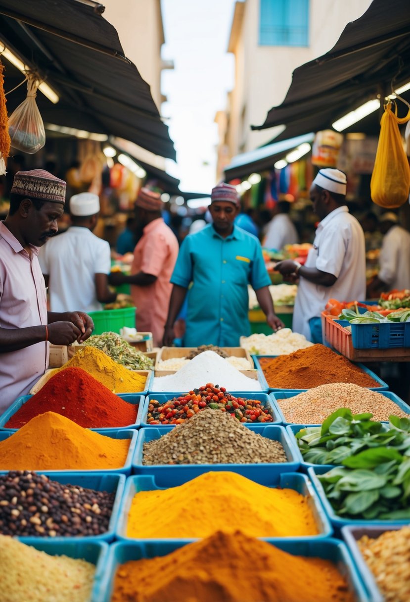 A bustling market in Djibouti, with vendors selling colorful spices and fresh ingredients for traditional Yassa recipes