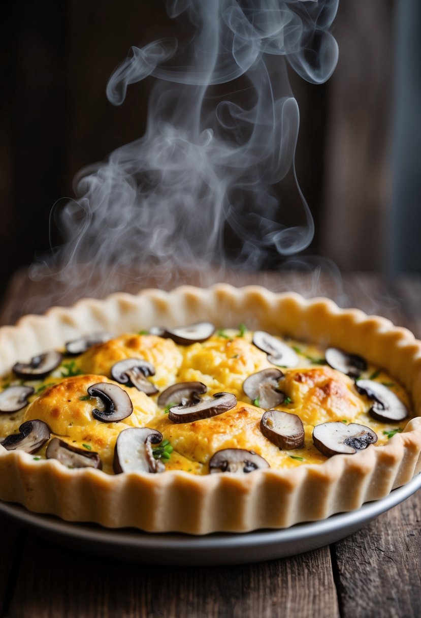 A pie maker filled with freshly baked Mushroom and Swiss Quiches, steam rising from the golden crusts