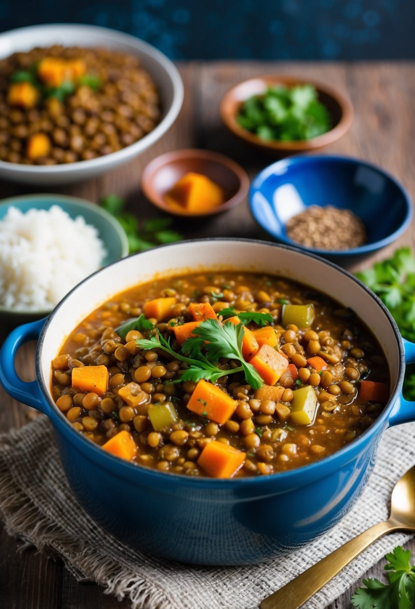 A simmering pot of Djiboutian Lentil Stew with aromatic spices and vegetables