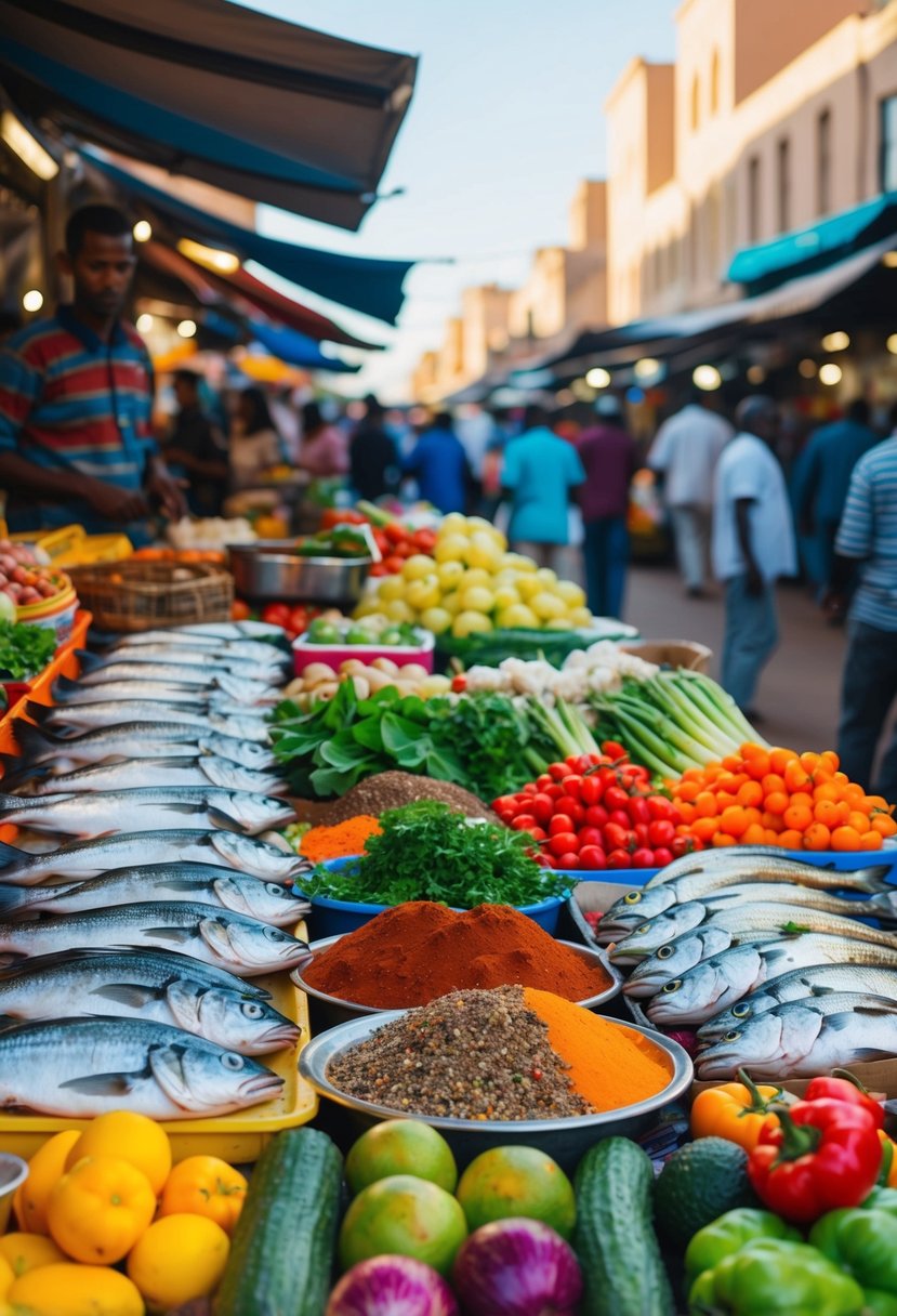 A colorful market stall with fresh fish, vibrant vegetables, and aromatic spices, set against a backdrop of Djibouti's bustling streets