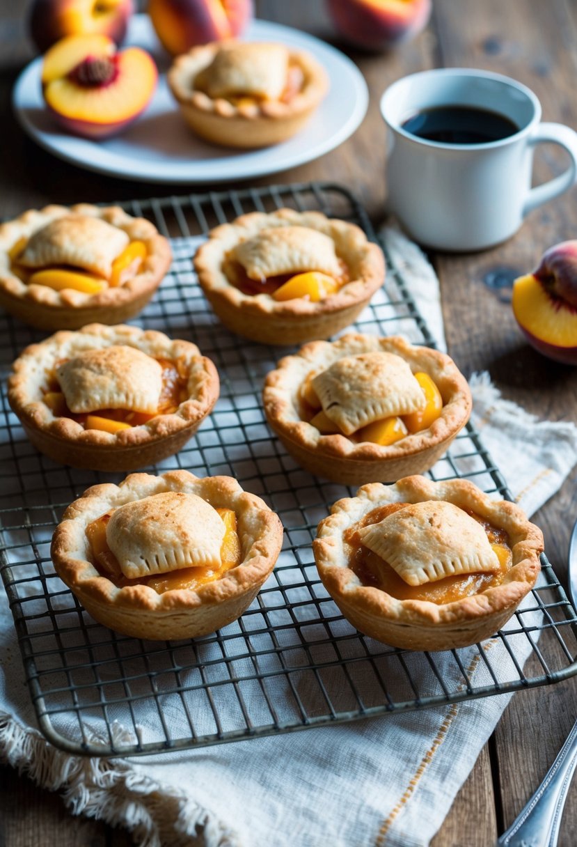 A rustic kitchen table with a tray of freshly baked peach cobbler hand pies cooling on a wire rack