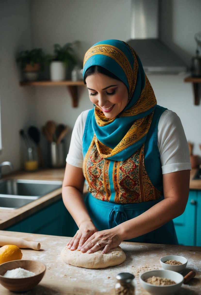 A woman in a colorful headscarf kneads dough for lahoh bread in a rustic kitchen. Ingredients and utensils are scattered on the counter