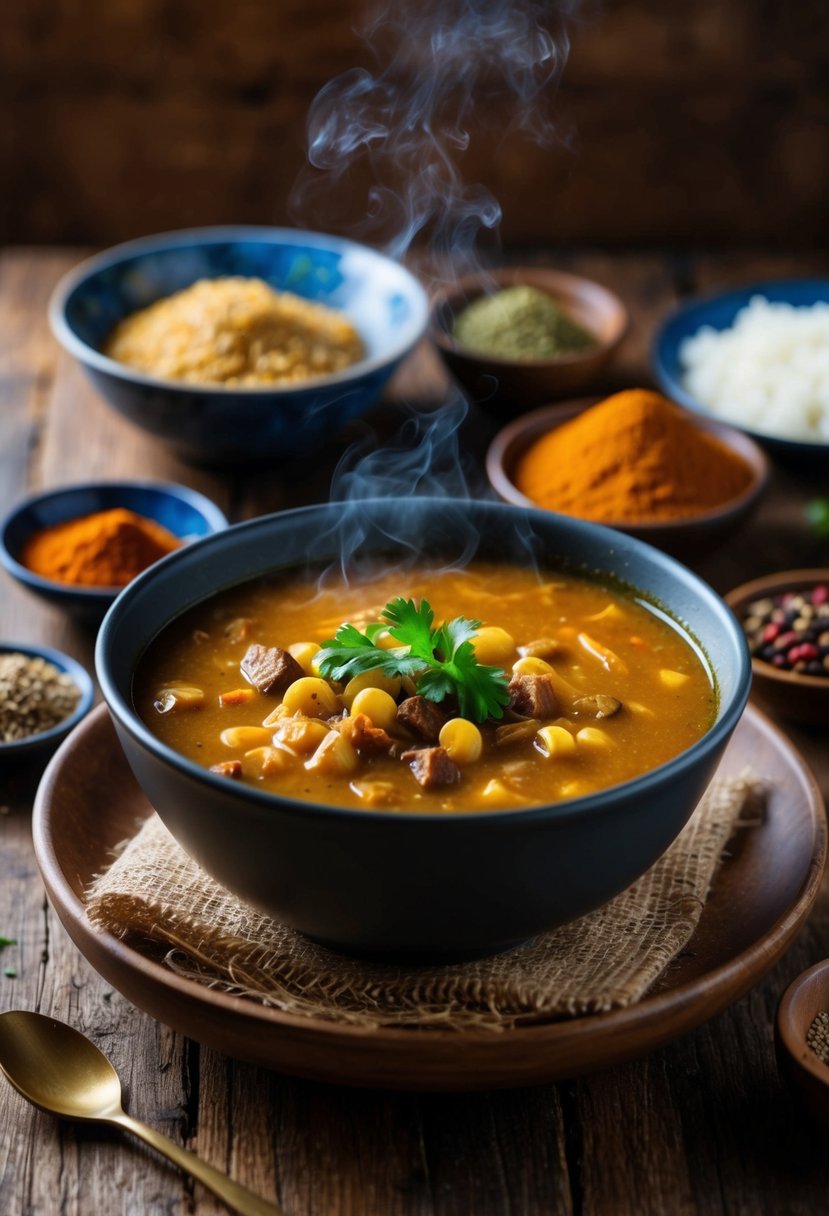 A steaming bowl of Harira soup sits on a rustic wooden table, surrounded by traditional Djiboutian spices and ingredients