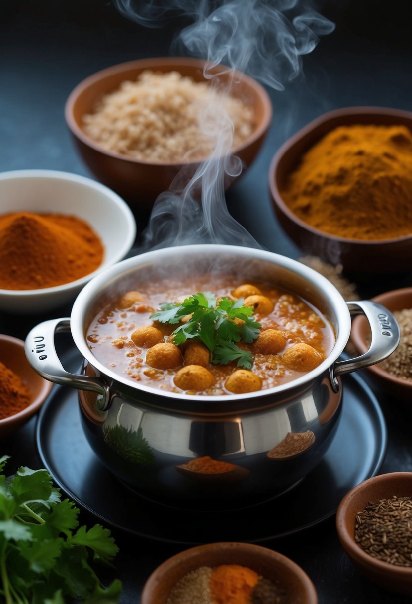 A steaming pot of Maraq Digaag surrounded by traditional Djibouti spices and ingredients