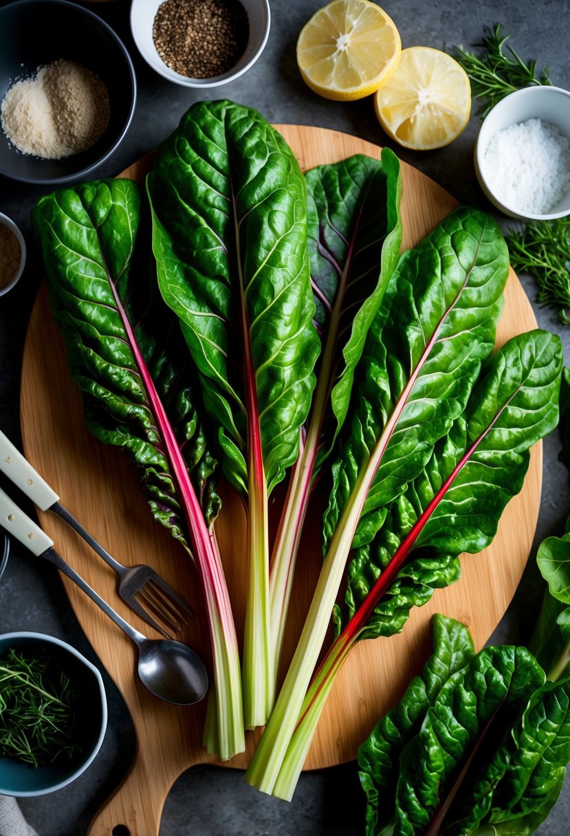 Fresh swiss chard leaves and stems arranged on a wooden cutting board, surrounded by various cooking utensils and ingredients