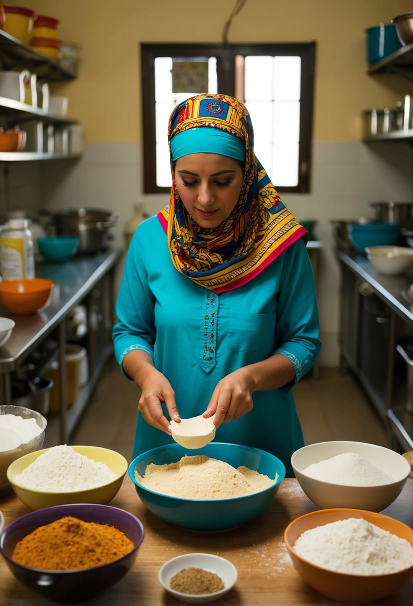 A woman in a colorful headscarf prepares mandazi in a bustling Djibouti kitchen, surrounded by bowls of flour, sugar, and spices