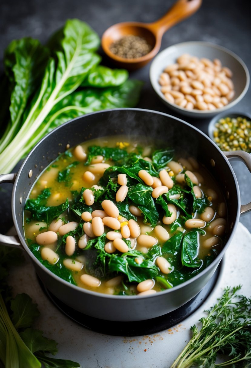 A bubbling pot of Swiss chard and white bean stew simmering on a rustic stove, surrounded by fresh ingredients like chard, beans, and aromatic herbs