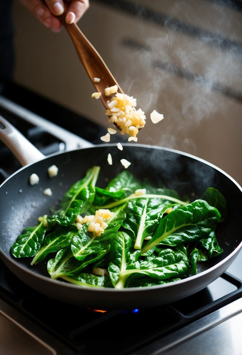 Fresh swiss chard leaves being sautéed with garlic in a sizzling pan