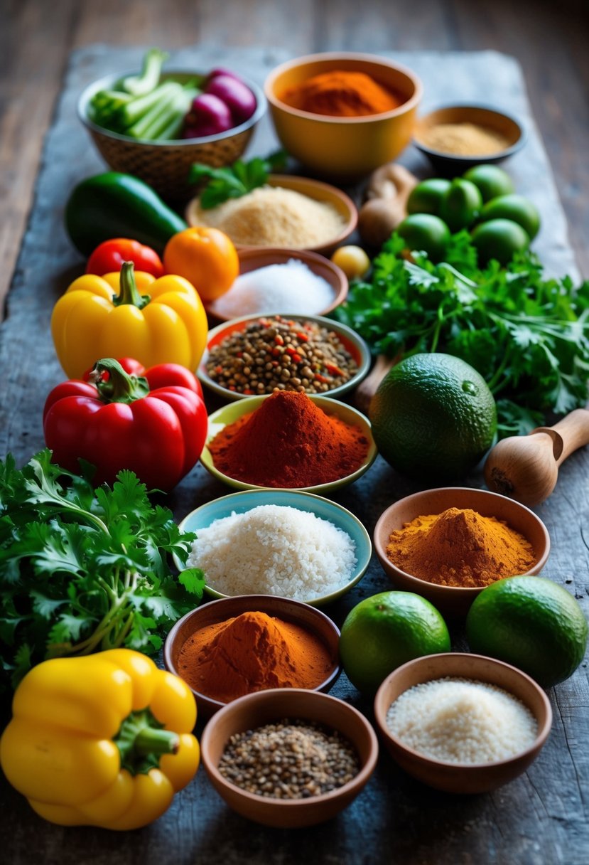 A colorful array of fresh ingredients and spices arranged on a rustic table, ready to be used in preparing Bariis Iskukaris, a traditional Djiboutian dish